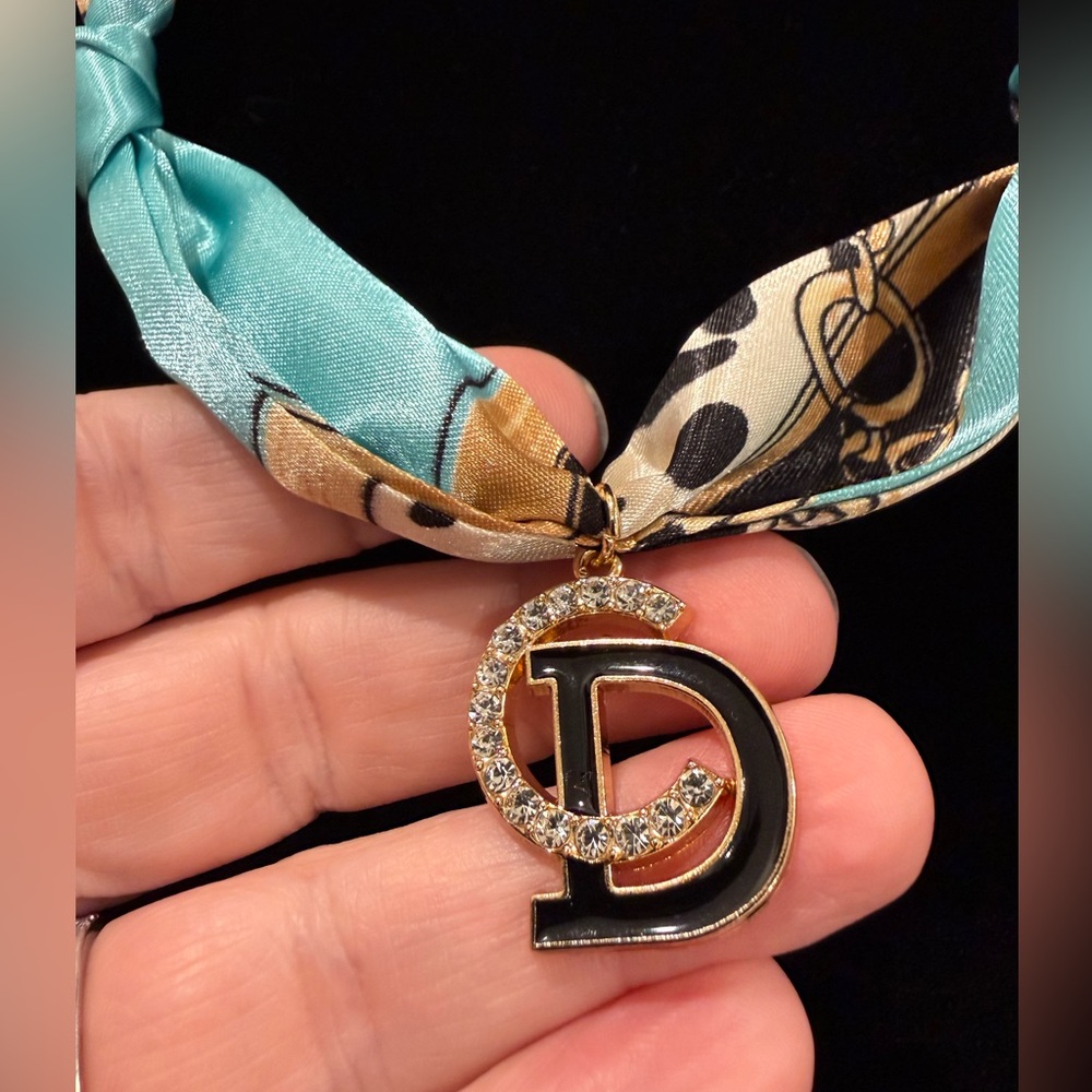 Silk Scarf Necklace with Gold CD Repurposed Pendant